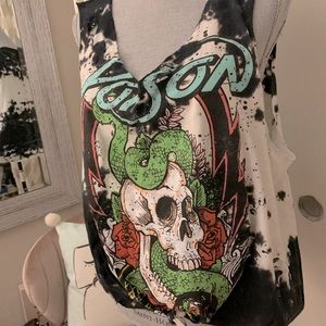 POISON V Neck Distressed Band Tee - cropped